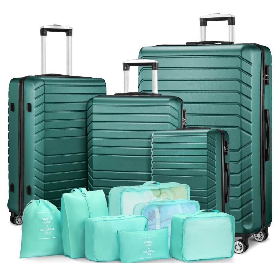 gowill 4 piece luggage sets with 7 pieces organizer bags, 20/24/28/32 inch abs carry-on and checked suitcase large travel sets, green
