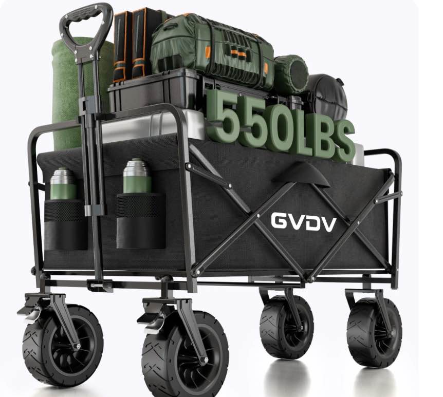 gvdv collapsible folding wagon, 550lbs large heavy duty utility cart with all-terrain wheels and adjustable handles for shopping, camping, sports, outdoor, beach, black