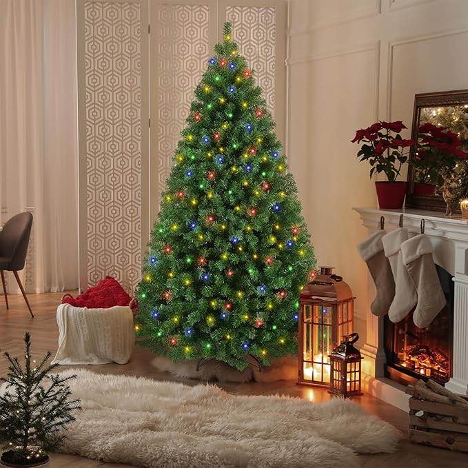 6ft premium pre-lit hinged artificial christmas tree full tree with 1477 pvc branch tips  300 multicolored lights  8 light sequences  foldable metal stand  green