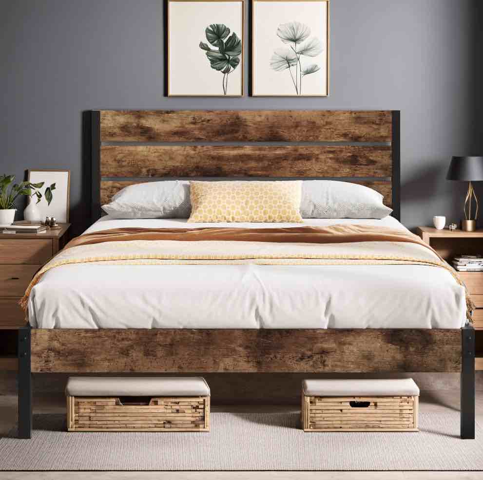 lifezone queen bed frame with rustic vintage wood headboard and footboard,metal support,rustic brown