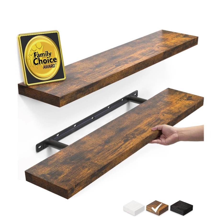 ophanie 22.5 inch 2 pack wood floating shelves, hanging float shelf for wall mounted decorative shelves, 6.7 x 23 inch, set of 2, rustic brown