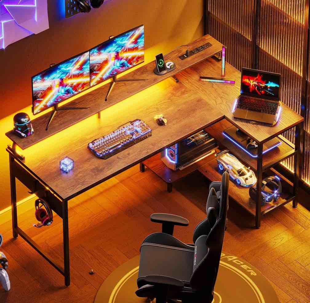 58 inch reversible l shaped gaming desk with led lights & power outlet, corner computer desk with storage shelves & cpu stand, home office desk with monitor shelf, modern writing table, vintage