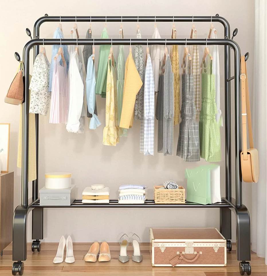 susuzi double rods garment rack with wheels freestanding clothing rack, black