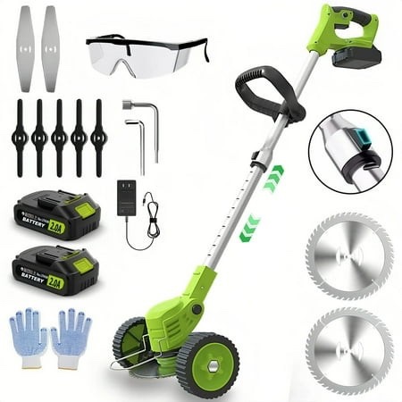 Teblint Electric Weed Wacker Cordless String Trimmer Weed Eater Grass Trimmer/Edger/Cutter with Wheels 2Pcs 21V Batteries 3 Types of Blades Adjus