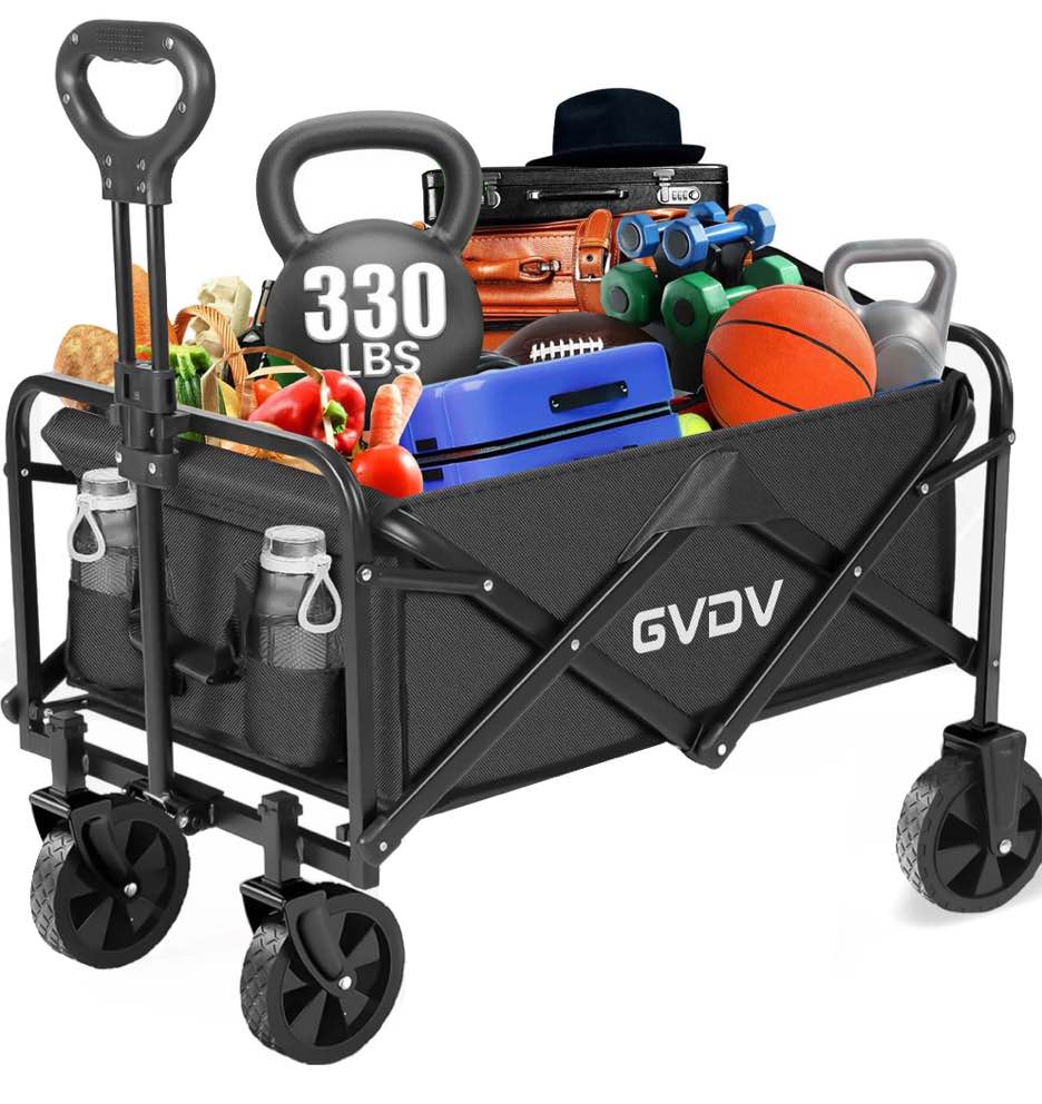 GVDV Collapsible Wagon Cart, Portable Utility Wagon for Camping, Beach, Picnic, Shopping, Sports, and Grocery Transport, Black