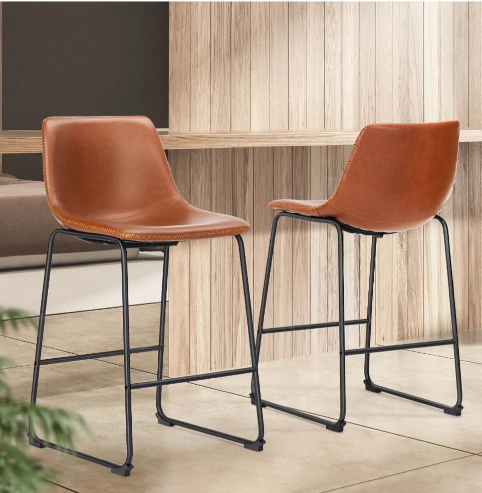 EDX Counter Height Bar Stools Set of 2 With Back and Footrest, Metal Frame, 26 inch, Brown