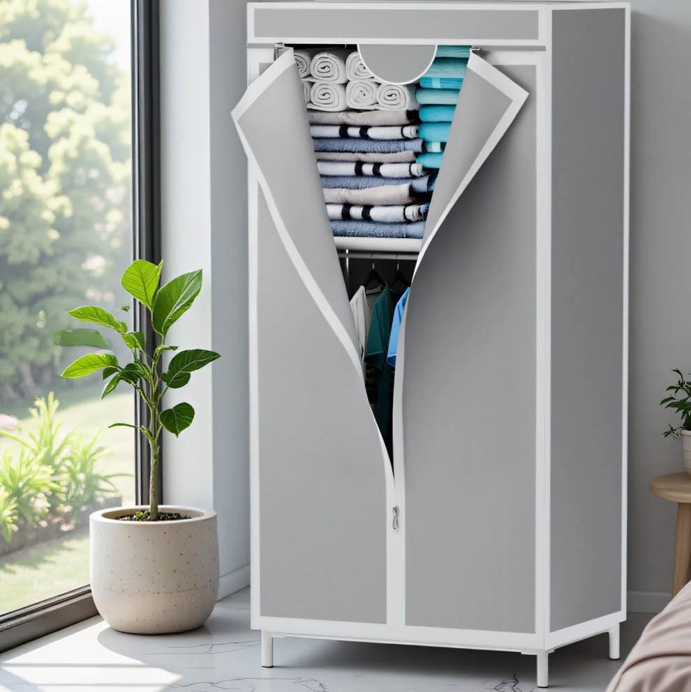 16mm Hanging Closet Organizer, Durable Portable Closet Wardrobe T-Zipper Design & Full-Cover Dustproof Cover, Dtorage Closet RackShelf for Bedroom, Apartment, Dorm, Light Gray