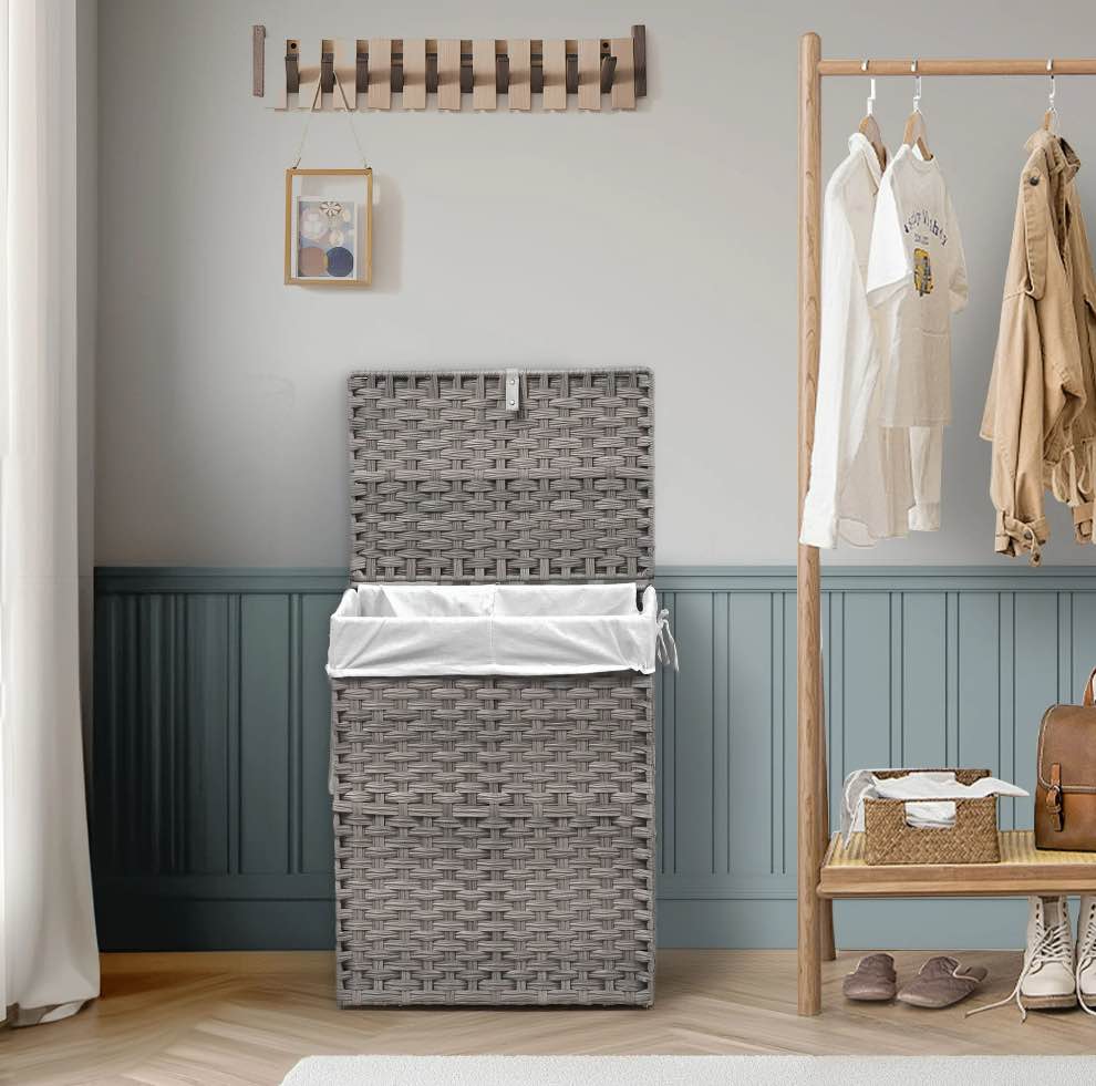 edx Laundry Basket with Lid  90 L Hand-Woven PP Rattan Laundry Basket with Handle  Foldable  Removable Liner  Gray