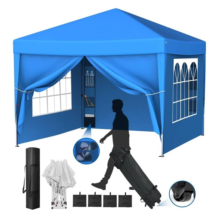 vecukty 10' x 10' pop up canopy tent with sidewalls, gazebo for patio outdoor camping, blue