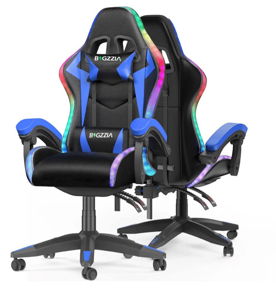 Bigzzia Gaming Chair with LED Lights, Computer Chair with Lumbar Support, Ergonomic High Back Video Game Chair with Swivel Seat and Headrest, Blue