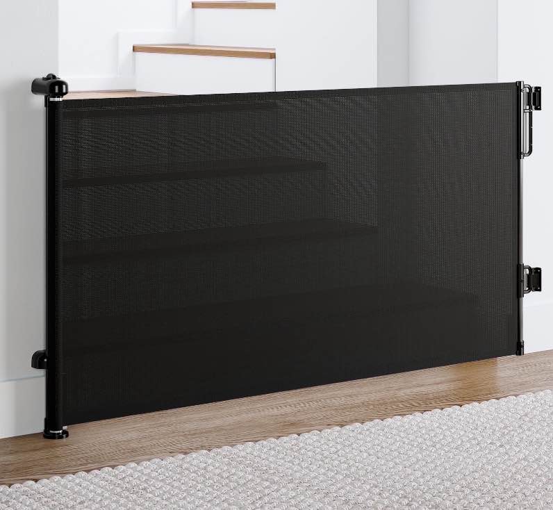 ophanie retractable baby safety gate,extra wide mesh dog pet gate 33" tall, extends to 55" wide, indoor & outdoor child gates for stair&doorways, black