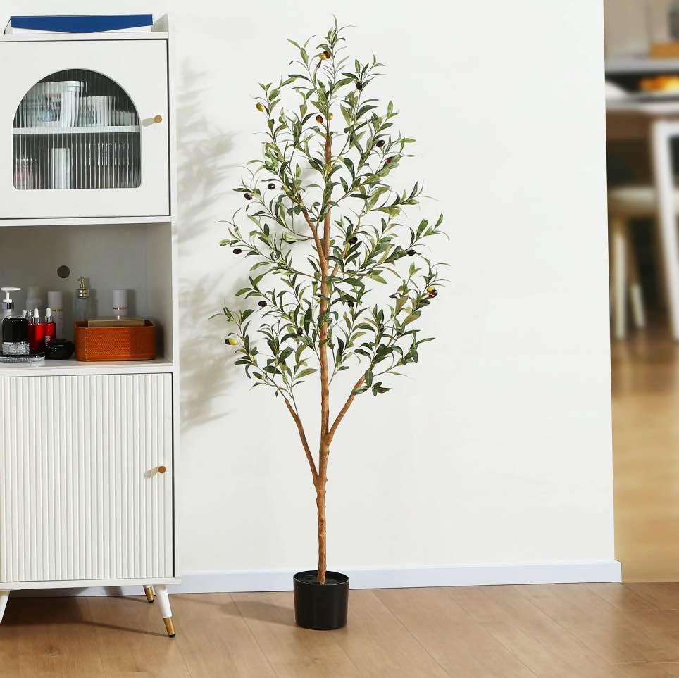 5 ft Artificial Olive Plants with Realistic Leaves and Natural Trunk, Silk Fake Olive Tree in Black Plastic Pot, Faux Olive Tree for Office Home