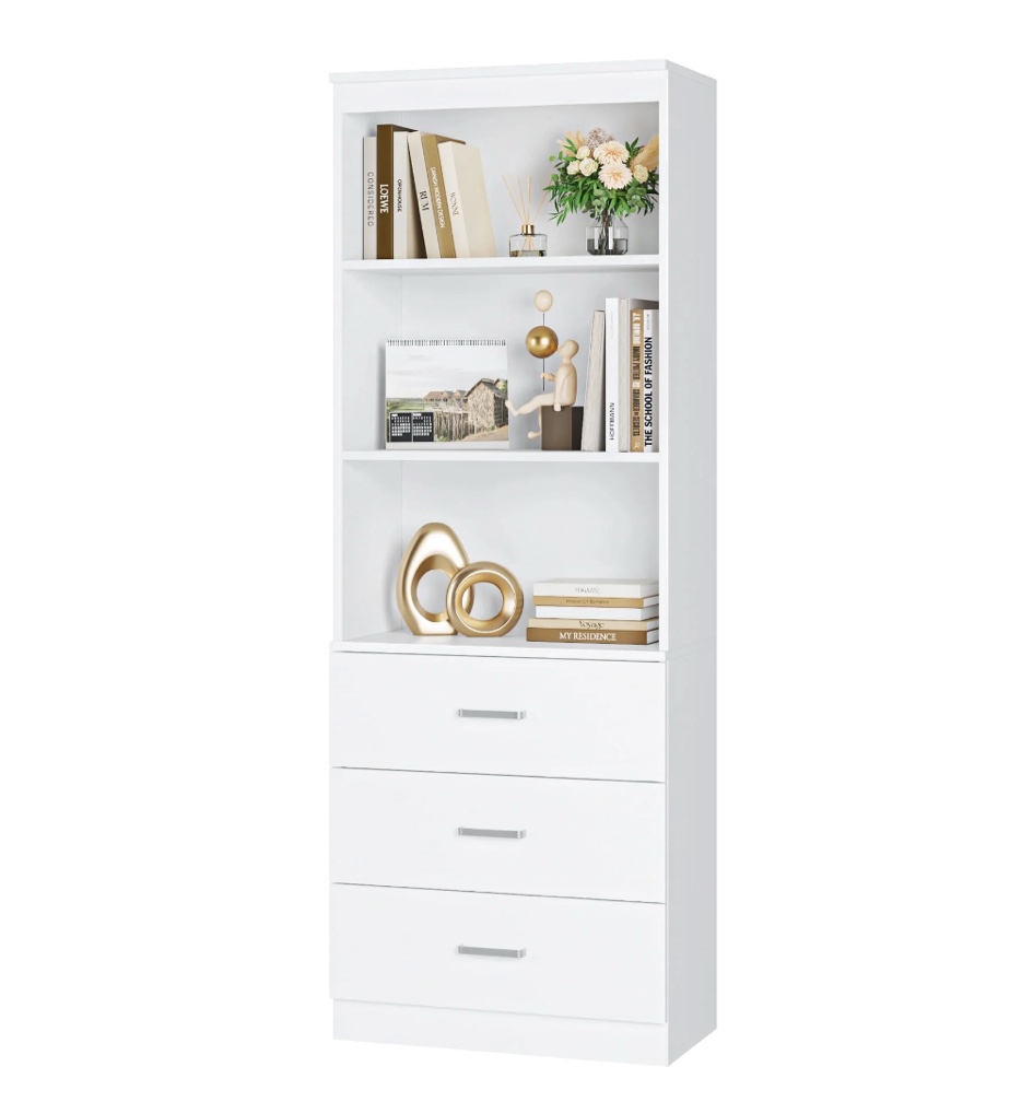 homfa 71" tall bookcases with 3 large drawers, 3 tier wooden storage bookshelf for living room home office, white
