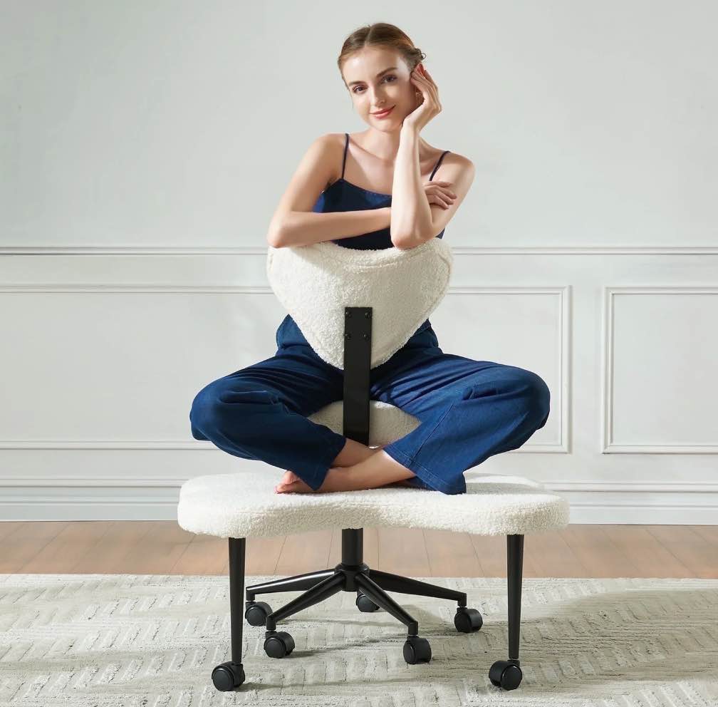 pinmoco ergonomic cross legged swivel chair, adjustable height and teddy fabric, meditation& adhd chair with back support, home and office, off white