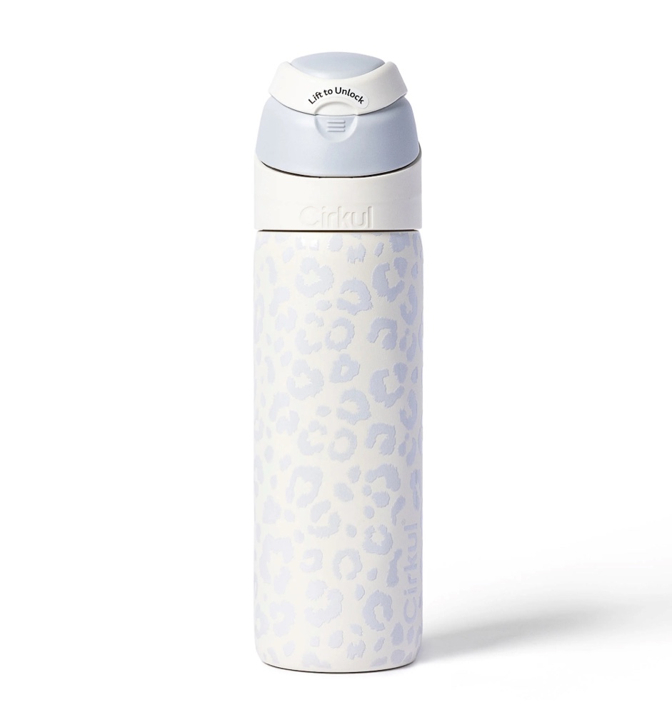 cirkul 26oz strawsip flip water bottle, stainless steel, double wall insulated, luxe leopard (white leopard)