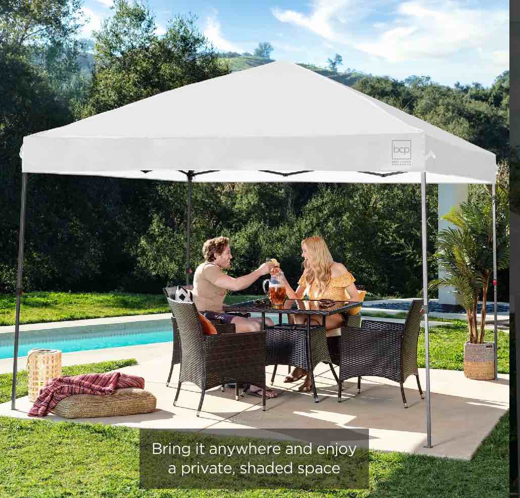 best choice products 10x10ft easy setup pop up canopy w/ 1-button setup, wheeled case, 4 weight bags - white/white