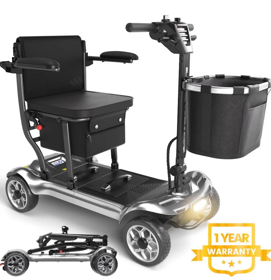 EAGLOG Light Weight 4 Wheels Mobility Scooter for Seniors, Electric Folding Wheelchair Device for Travel, Silver