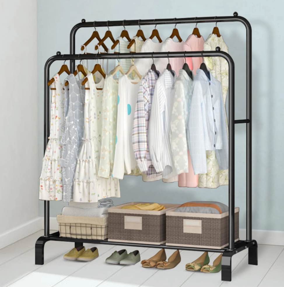 clothing garment rack,double rails closet clothes rack with bottom shelves and 4 hooks,freestanding clothes organizer rack for hanging clothes black