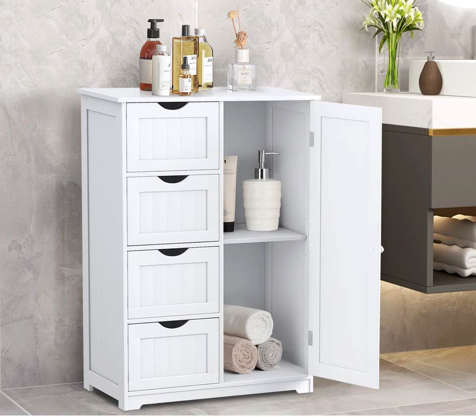 wooden 4 drawer bathroom cabinet storage cupboard 2 shelves free standing