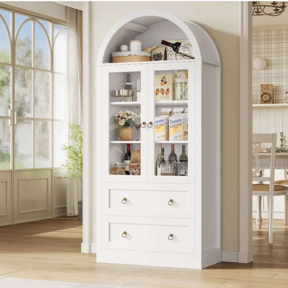 Hiphuta 70" Tall Arched Kitchen Pantry Storage Cabinet with 2 Large Drawers, Freestanding Modern Farmhouse Versatile Hutch Cupboard for Dining Room, White
