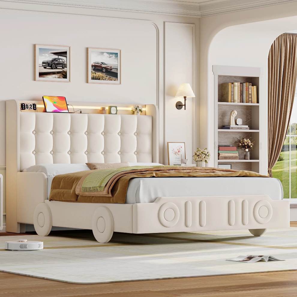 Homfa Full Size Upholstered Bed Frame with LED Strip Light and USB Ports, Car-Shaped Velvet Tufted Bed Frame with Decorative Wheels, Beige