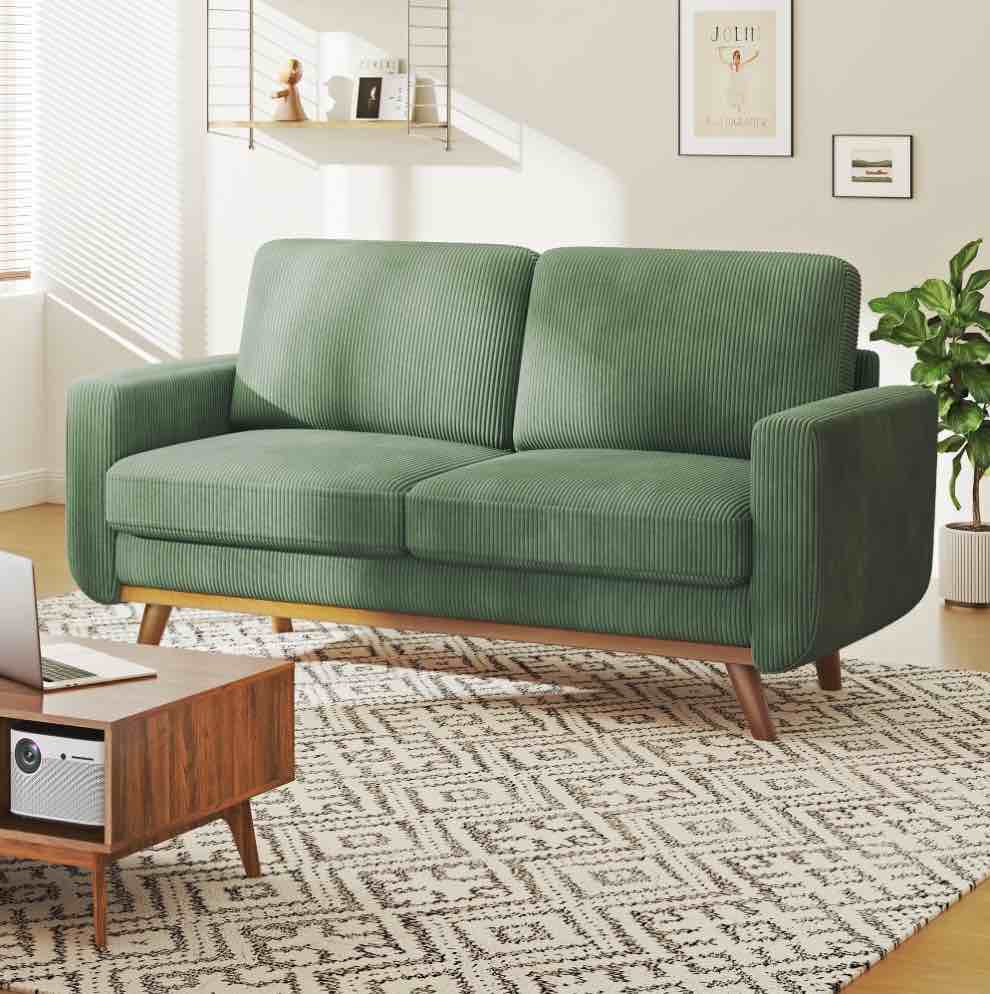 68" Corduroy Sofa for Living Room, Modern Sofa for Small Space, Wooden Frame, One Box, Green