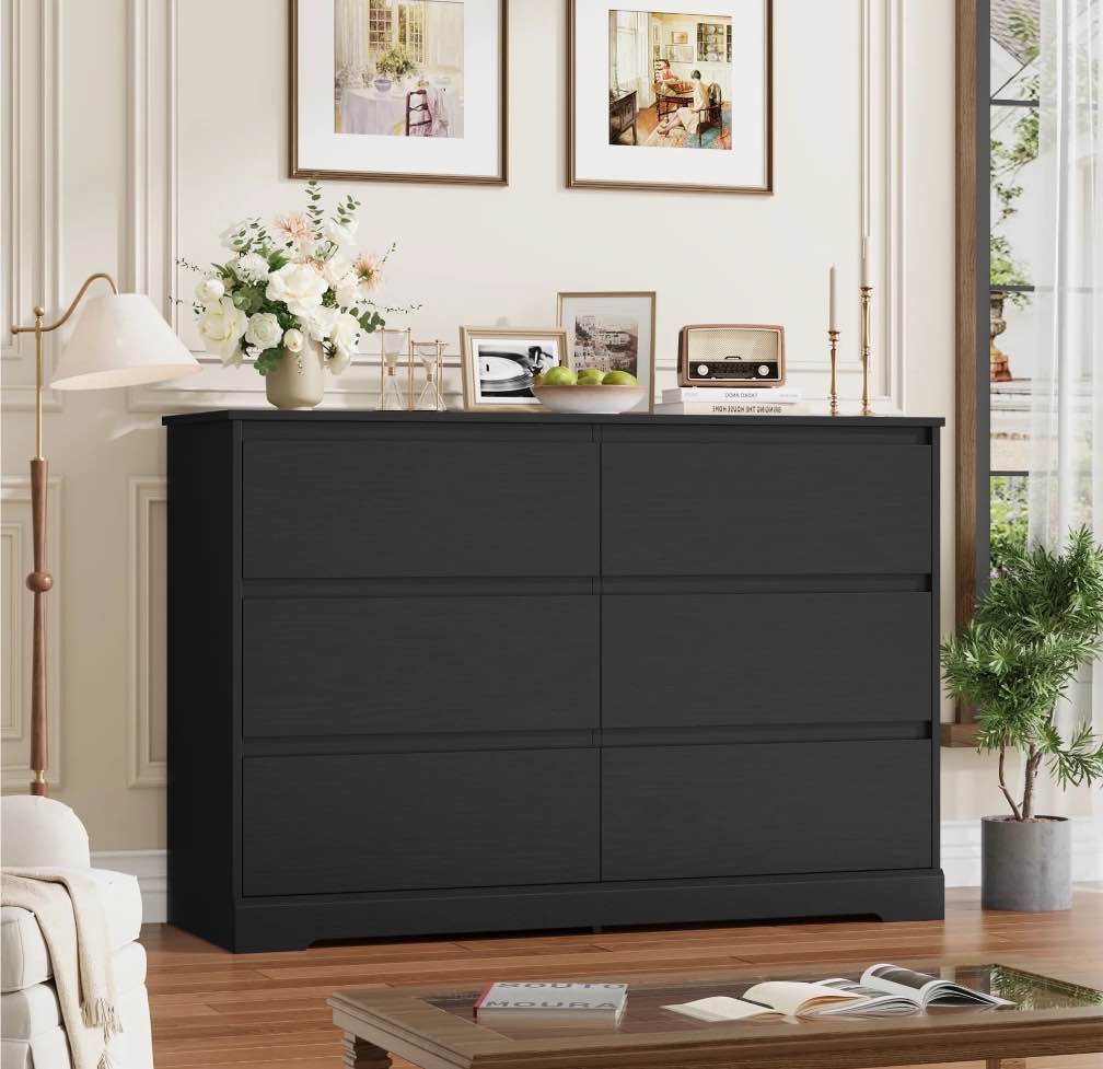 Homfa 6 Drawer Double Dresser for Bedroom, 47.2'' Wood Storage Side Cabinet Chest of Drawer Living Room, Black