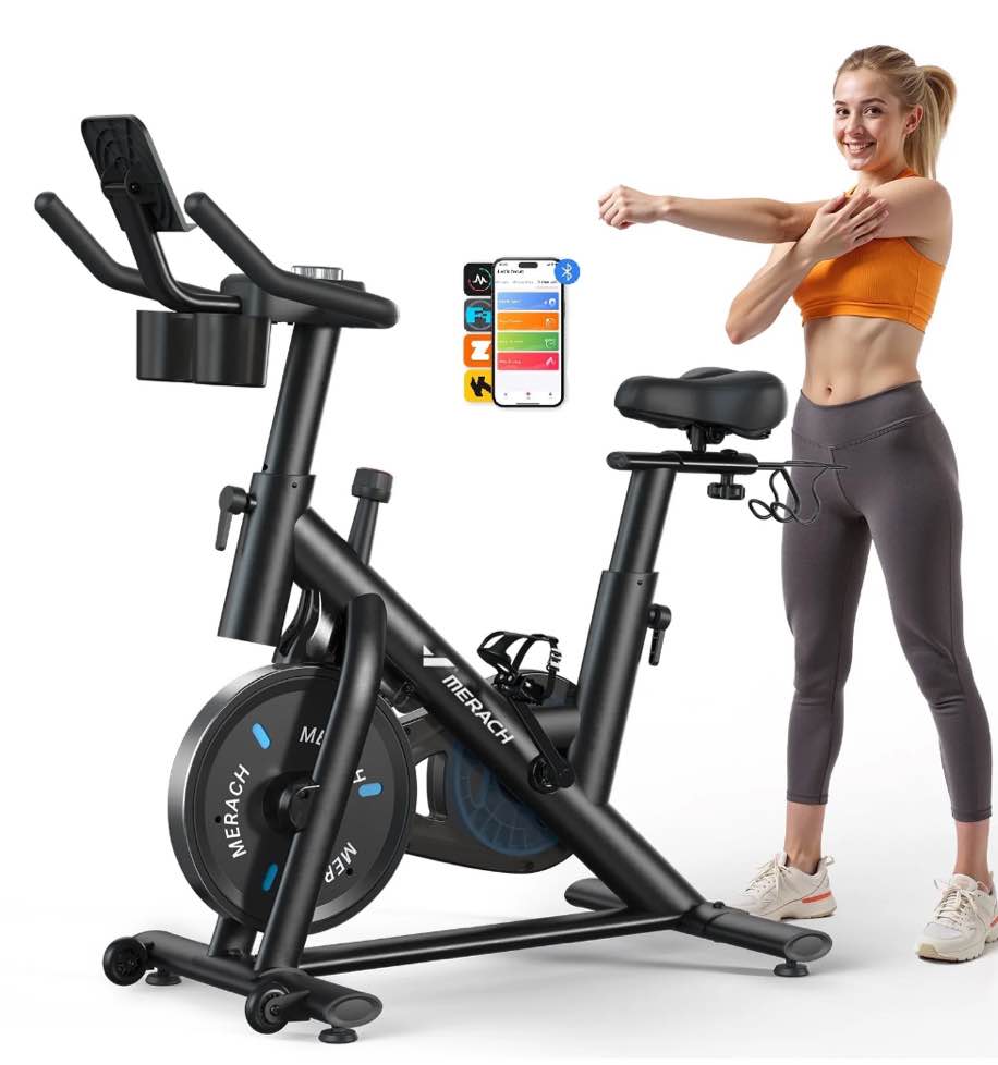 MERACH Exercise Bike Magnetic Home Stationary Bike with Free App Quiet Indoor Cycling Bike with 300lbs Weight Capacity Dumbbell Rack