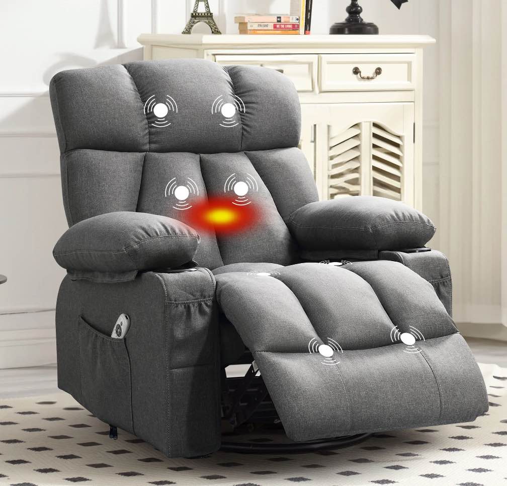 JONPONY Massage Rocker Recliner Chair with Vibration Massage and Heat Ergonomic Lounge Chair for Living Room with Rocking Function and Side Pocket, 2 Cup Holders, USB Charge Port,Grey