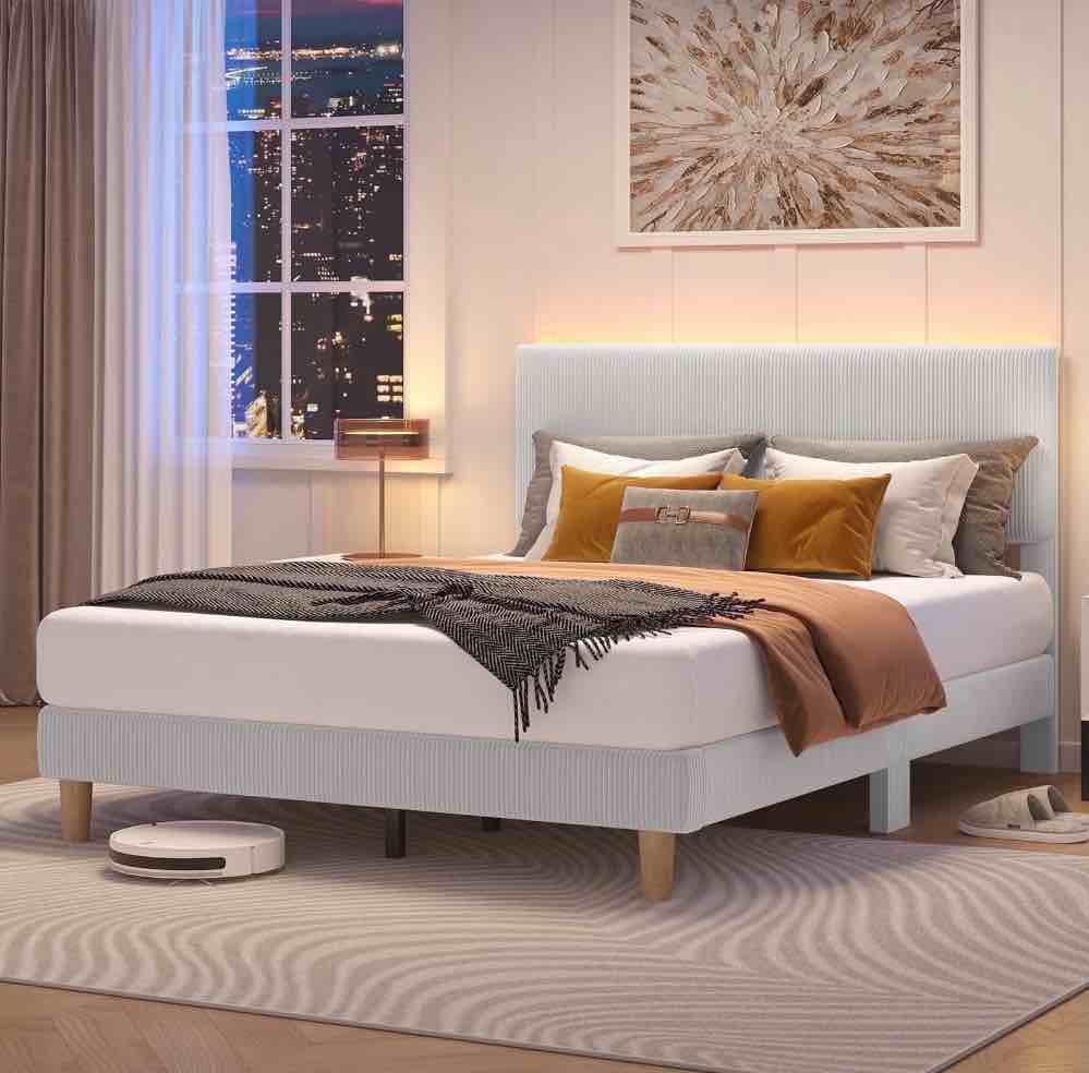 Bestier Corduroy Upholstered Queen Bed Frame with Adjustable Headboard, Platform Bed Frame with LED Light, Solid Wood Slats, No Box Spring Needed, Gray