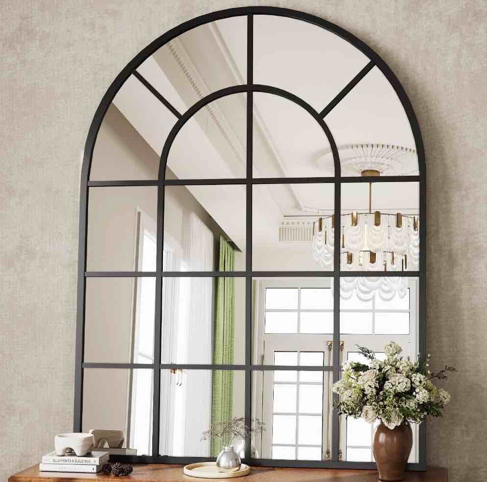 BEAUTYPEAK 40" x 30" Arched Windowpane Mirror Decor Wall Mirror, Black