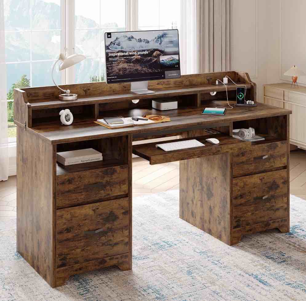 Bestier Farmhouse Executive Desk with Drawers, 59" Wood Computer Desk with Charging Station, Home Office Desk with Keyboard Tray & Monitor Stand?File Cabinet Sturdy Desk for Work Study, Rustic Brown