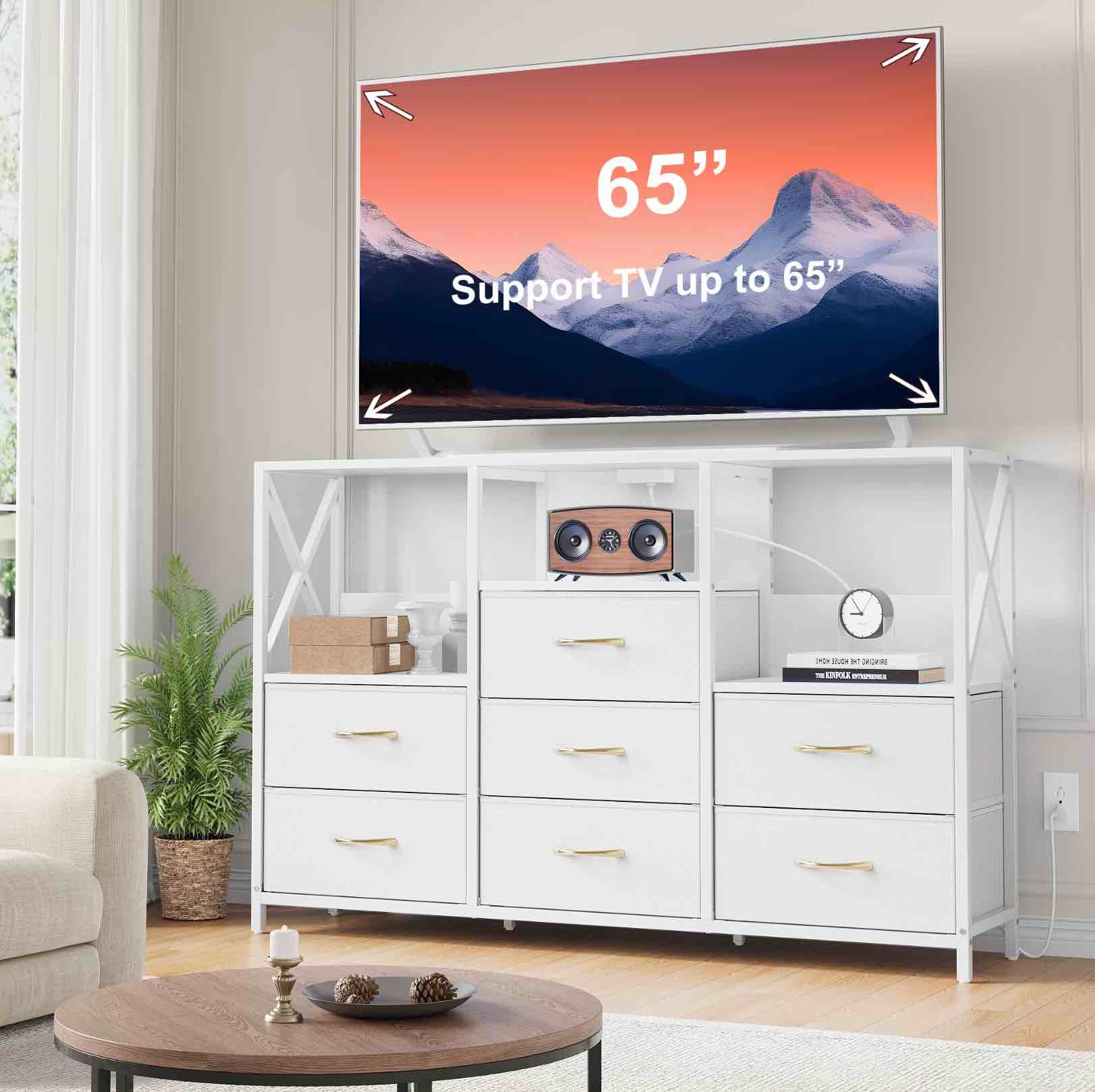 dresser for bedroom with power outlets and led lights, 7 drawers tv stand dresser for 65 inch tv, chest of drawers with open shelf, wide white dresser, , for bedroom, closet