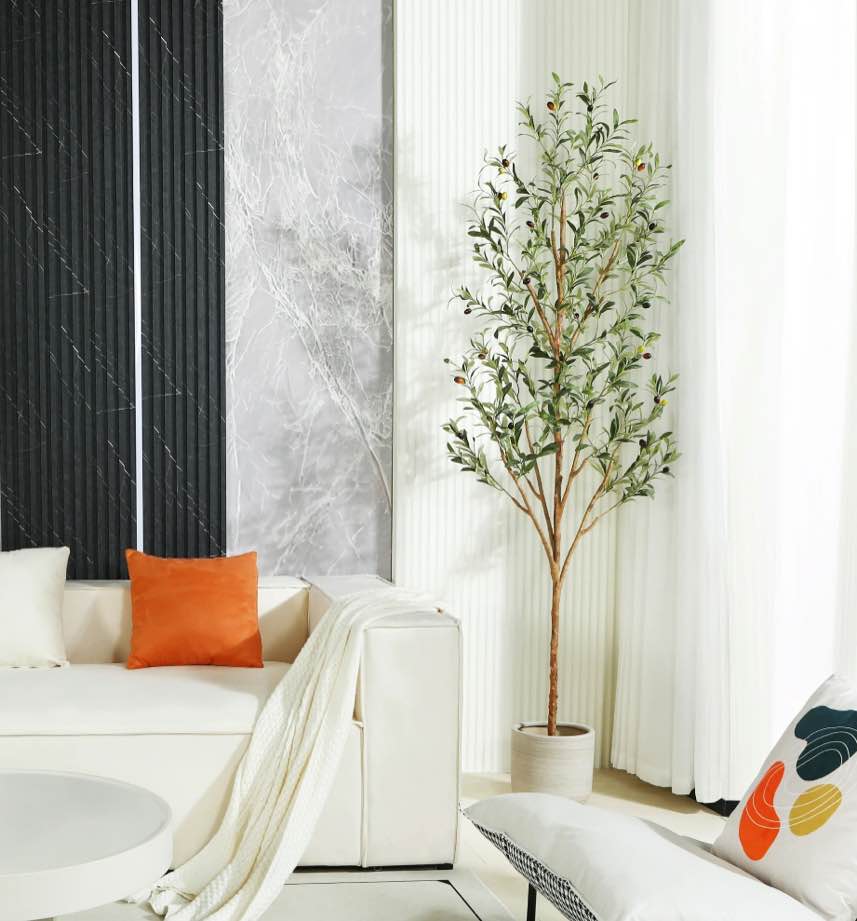 7 ft Artificial Olive Plants with Realistic Leaves and Natural Trunk, Silk Fake Olive Tree in Black Plastic Pot, Faux Olive Tree for Office 