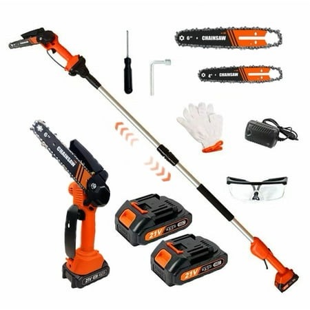 2 in 1 Cordless 6 Inch Pole Saw & Mini Chainsaw with 2 Battery Power Electric Polesaw for Tree Trimming Chain Saw with Extension Pole Limb Branch C