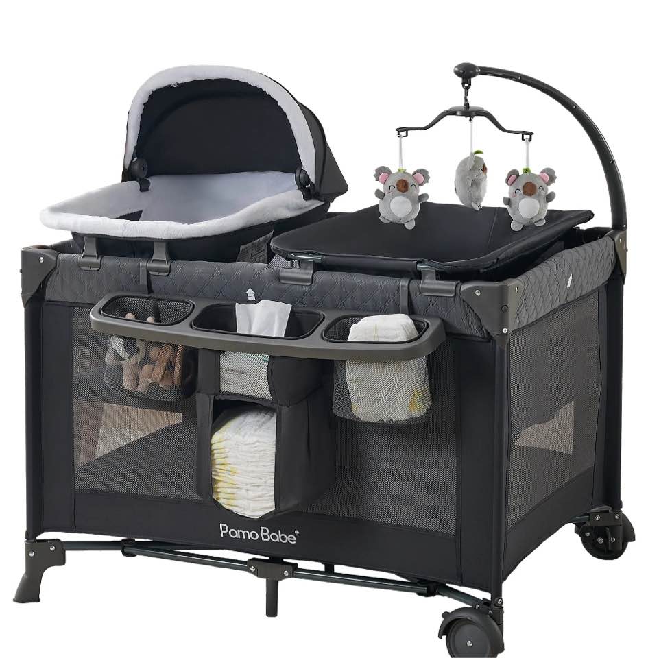 Pamo Babe 4-in-1 Baby Playard with Bassinet & Changing Table for Newborn,Grey