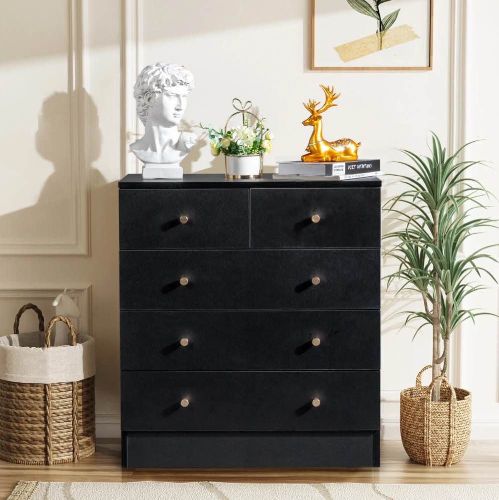 UBesGoo 5 Drawer Wood Dresser for Bedroom, Chest of Drawers, Storage Organization Unit for Clothing, Black