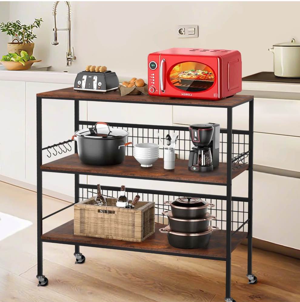 40" Wheeled Kitchen Storage Cart Island with Shelves, Copedvic 3-Tier Kitchen Bakers Rack with 10 Hooks