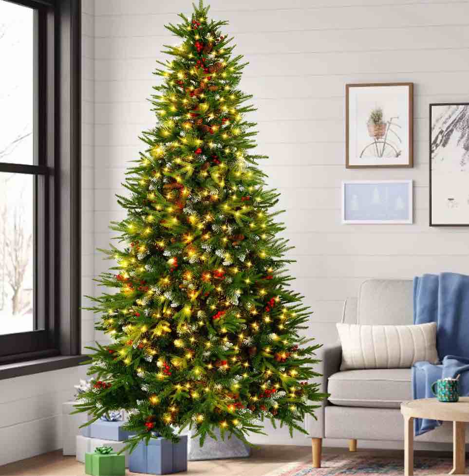 yexmas 7.5ft pre-lit artificial christmas trees,green xmas tree with large christmas tree storage bag,pinecones, berries, realistic artificial christmas trees for home, office, party decoration