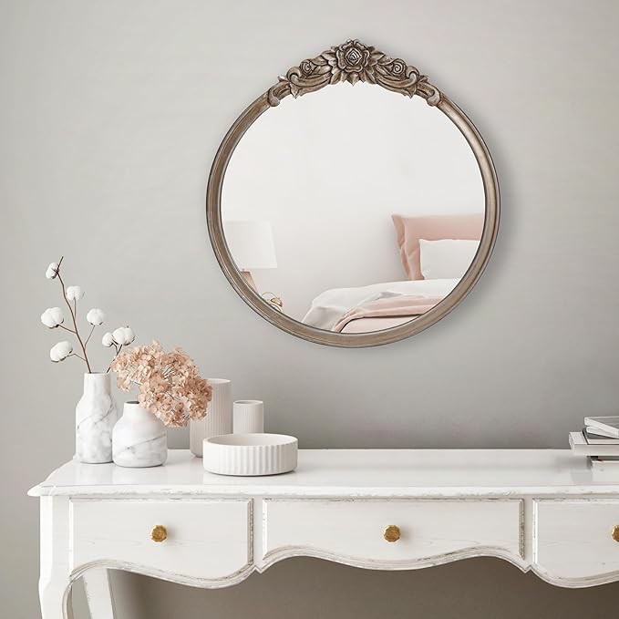 Brewster 21.5" Alaric Pewter Mirror: Vintage Style, Carved Rosettes, MDF Frame, Wall Mounted Decor