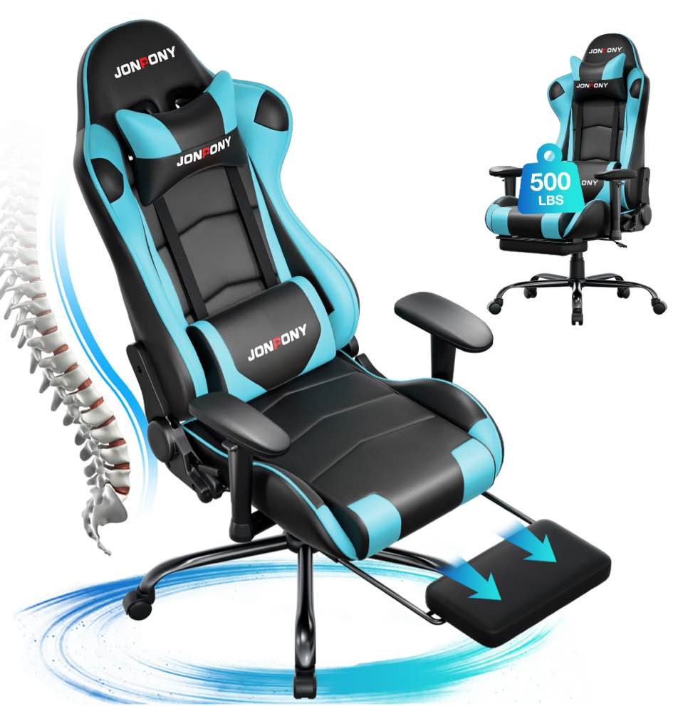 JONPONY Big and Tall 500LBS Gaming Chair, Ergonomic Design, Gamer Chair PU Leather with Footrest and Lumbar Support, High Back Office Chair Support 8 Hours Long Sitting,Blue Computer Chair,Blue
