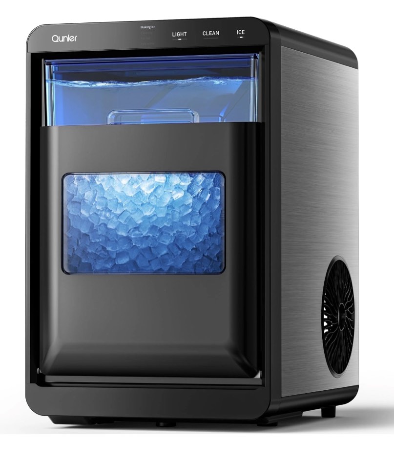 Qunler Nugget Ice Maker Countertop, 44lbs per Day Chewable Pebble Nugget Ice Machine with Touch Screen for Home, Kitchen, Office, Stainless Steel, Black