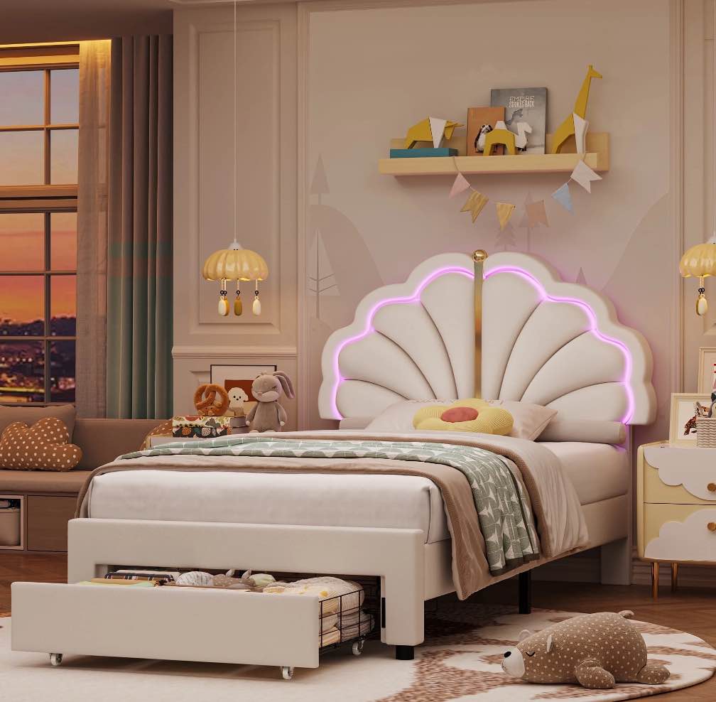Hiphuta Full Upholstered LED Bed Frame with Storage Drawers, Platform Bed with Adjustable Cute Headboard, Velvet White