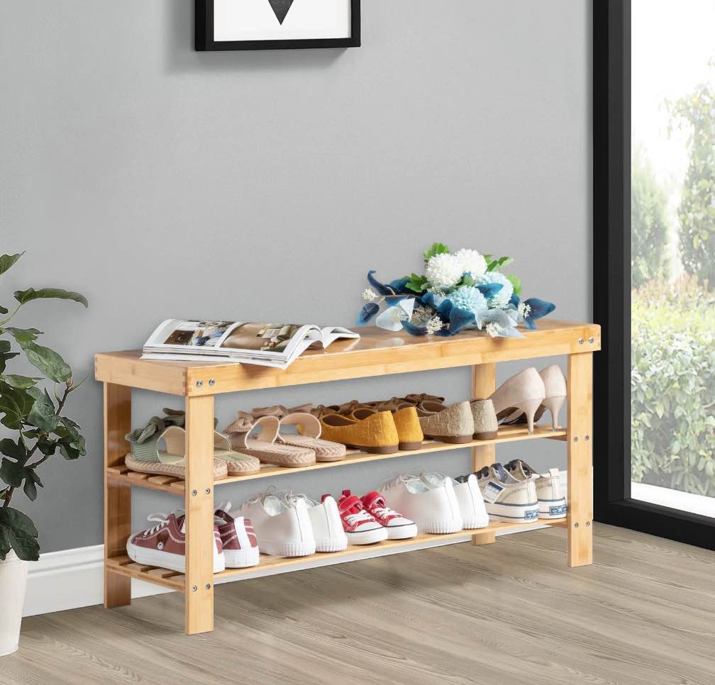 zimtown 36  3 tier solid bamboo shoe bench storage racks seat organizer for entryway hallway kids  natural