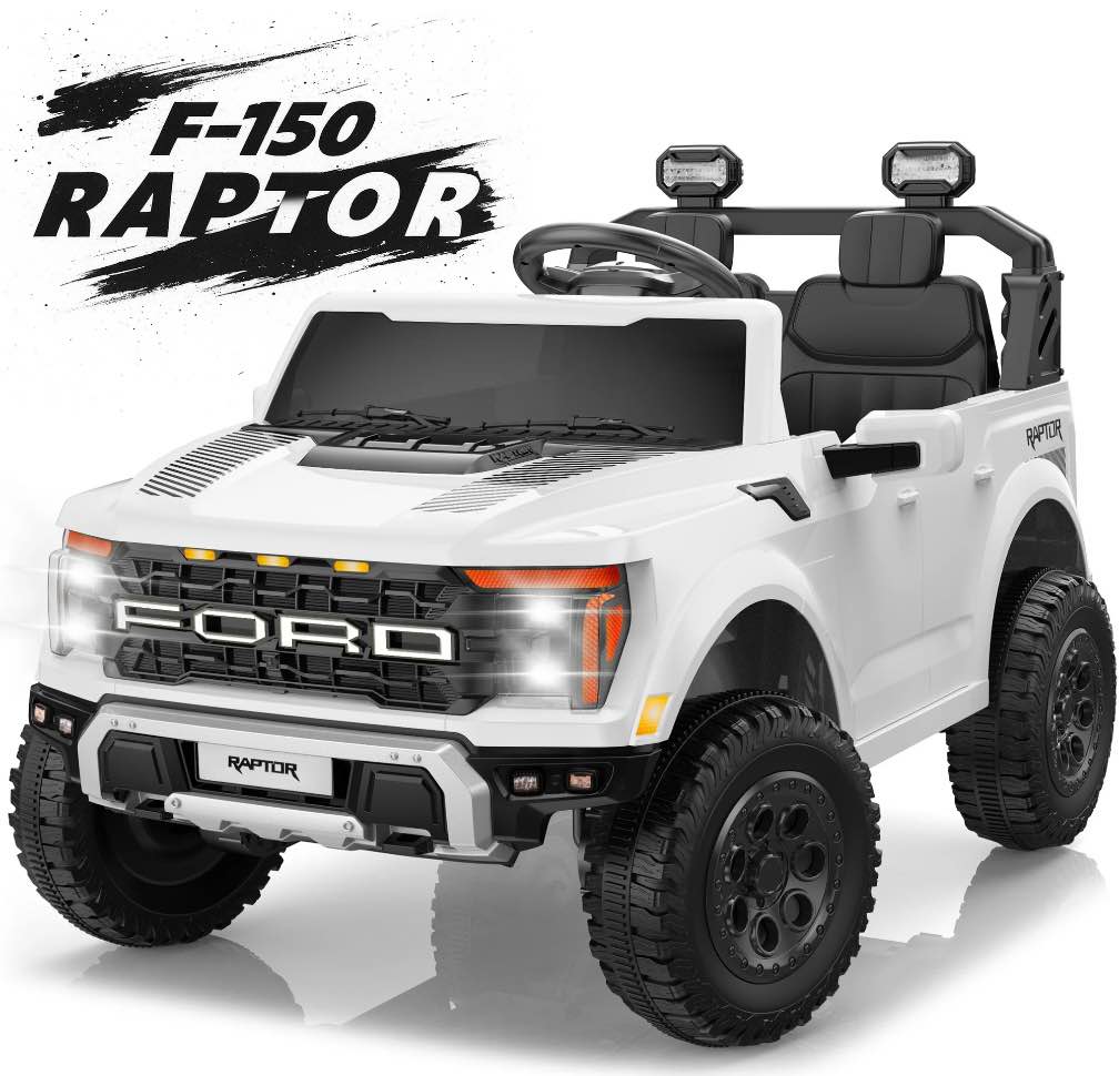 iyofe 24v 2 seater kids ride on cars, ford f150 raptor battery powered ride on truck toys with parent remote control, electric car for toddlers kids 3-8 w/bluetooth/fm/lights/trunk/safety belt, white