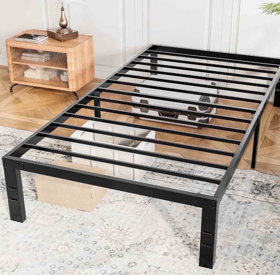 concetta 14" twin bed frame, heavy duty metal platform bed frame with underbed storage for bedroom, no box spring required, black