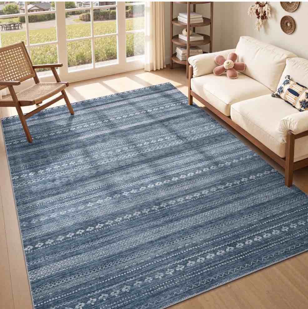 vunate 8'x10' rugs for living room washable rugs boho moroccan large area rug soft neutral geometric bohemian carpet distressed indoor rug for bedroom dining room office foldable nonslip rug navy