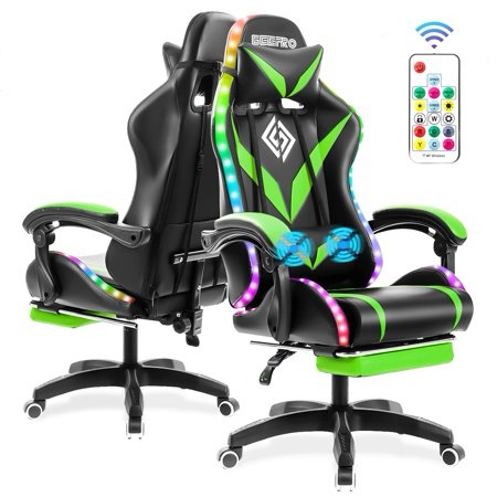 Hoffree Gaming Chair with Speakers Computer Chair with Footrest LED Music Gaming Chair with 2D Armrests Ergonomic Video Game Chair with Lumbar Support