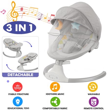 baby swing for infants, caveen baby rocker with dinner plate, 5 swing speeds, adapter battery operated, indoor,outdoor, grey