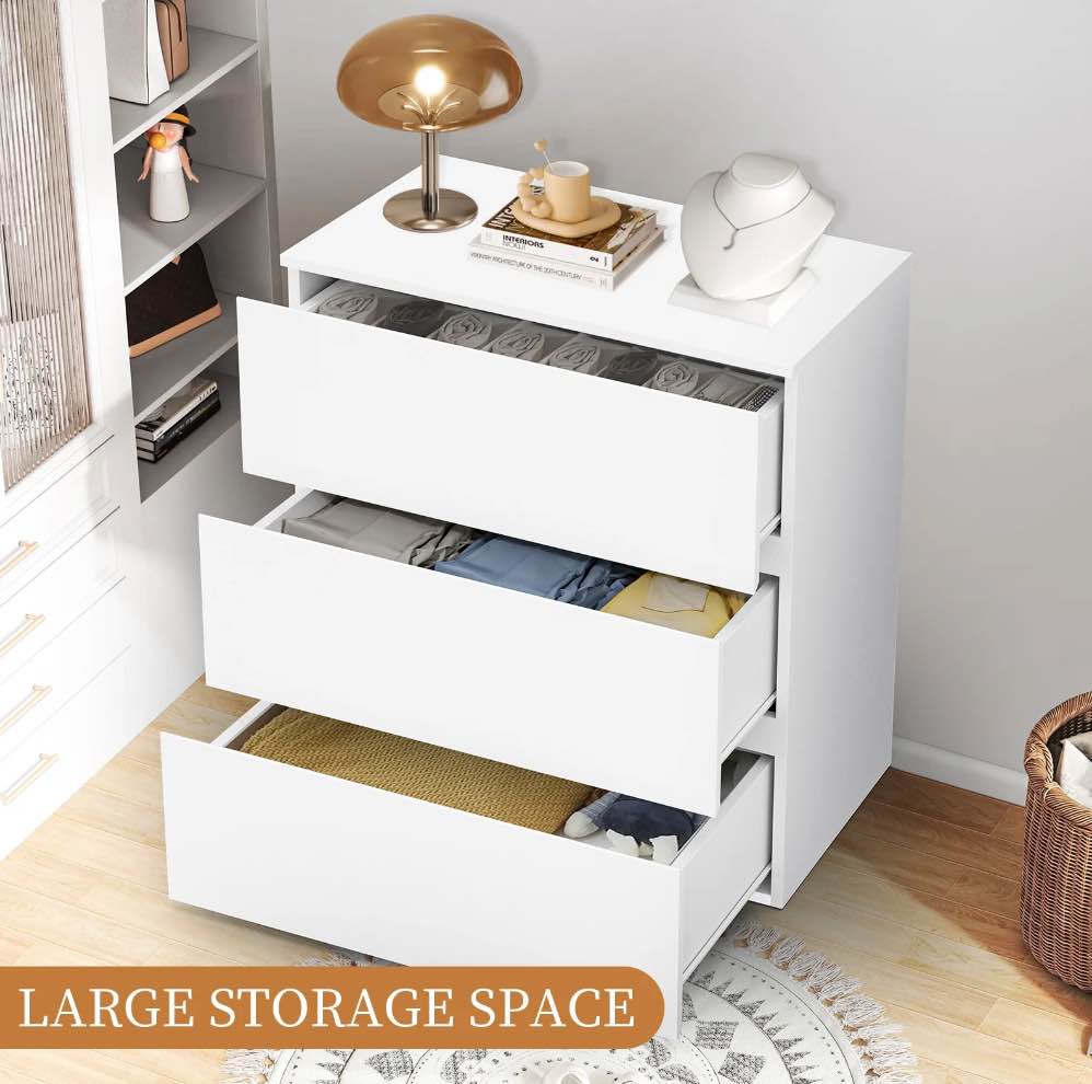 capri white 3 drawer dresser, modern nightstand, storage wide chest of drawer, wooden storage cabinet bedside for adults, bedroom living room furniture